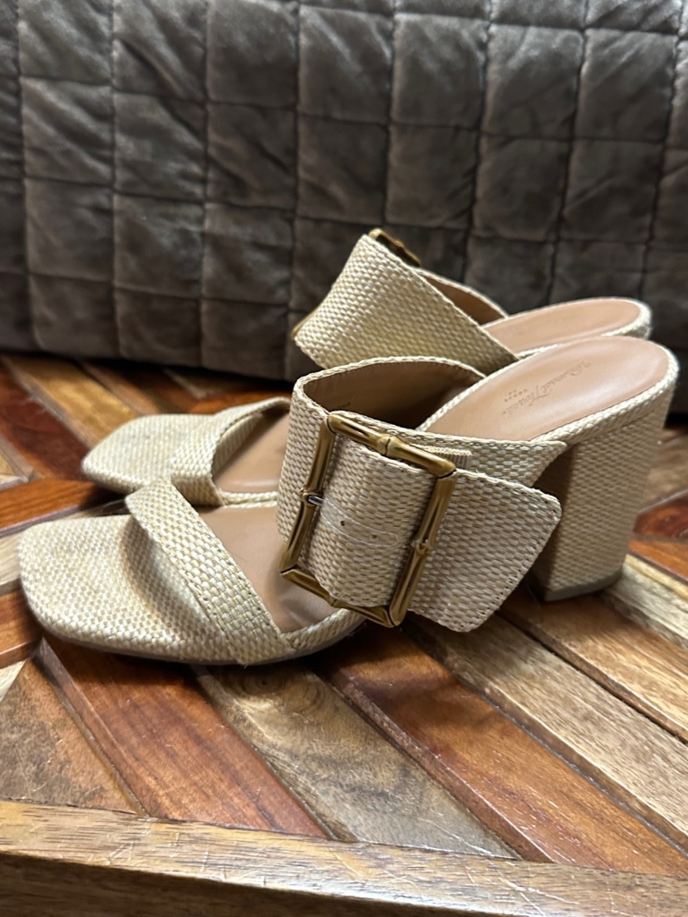 Universal Thread Natural Beige Woven Buckle Block Heel Mules